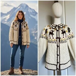 Vintage Jantzen Sz M Cardigan Sweater Wool Fair Isle Nordic Reindeer Cable Knit